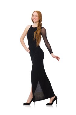 Beyaz izole zarif siyah elbiseli genç bayan