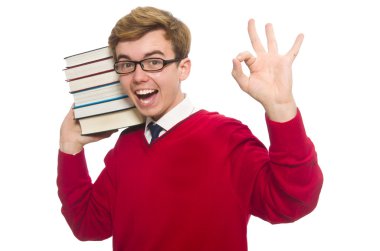 Üniversite öğrencisi üzerinde beyaz izole kitap ile