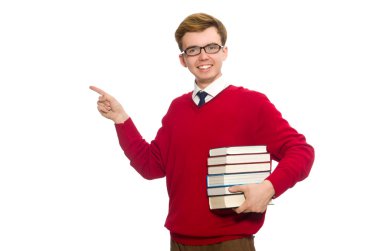 Üniversite öğrencisi üzerinde beyaz izole kitap ile