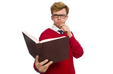 Üniversite öğrencisi üzerinde beyaz izole kitap ile