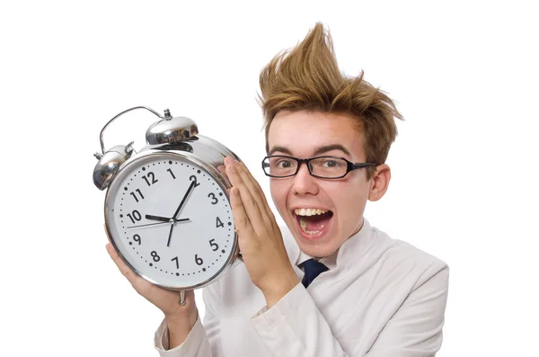 Funny doctor with alarm clock isolated on white — Stock Photo, Image