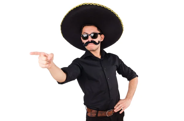 Homme drôle portant chapeau sombrero mexicain isolé sur blanc — Photo