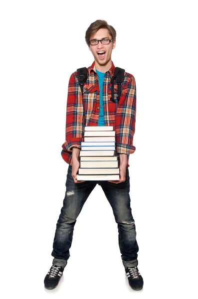 Estudiante divertido con libros aislados en blanco — Foto de Stock