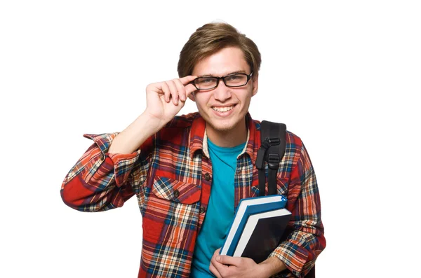 Studente divertente con libri isolati su bianco — Foto Stock