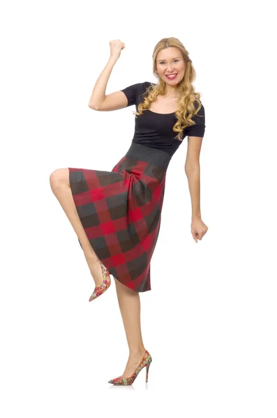 Beautiful young woman in plaid dress isolated on white — Stock Photo, Image