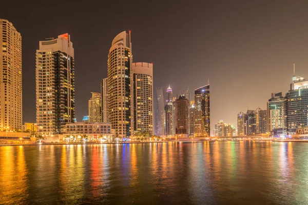 Dubai marina skyscrapers during night hours — Stock Photo, Image