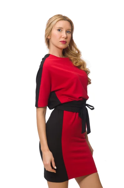 Bella signora in abito nero rosso isolato su bianco — Foto Stock