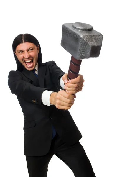 Handsome businessman holding hammer isolated on white — Stock Photo, Image