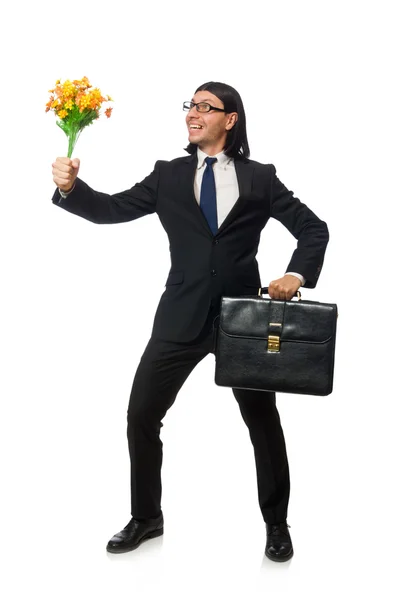 Bonito empresário com flor e breve caso isolado em branco — Fotografia de Stock