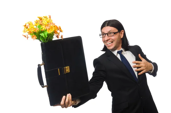Hombre de negocios guapo con flor y breve caso aislado en blanco — Foto de Stock