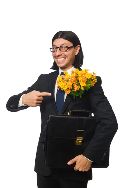 Handsome businessman with flower and brief case isolated on whit — Stock Photo, Image