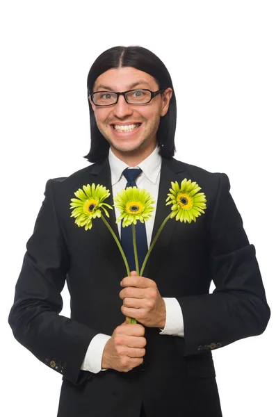 Bello uomo d'affari con fiore isolato su bianco — Foto Stock