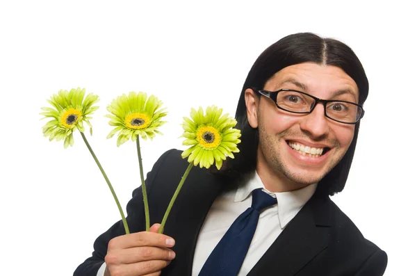 Schöner Geschäftsmann mit Blume auf weißem Grund — Stockfoto