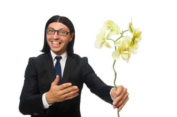 Knappe zakenman met bloem geïsoleerd op wit — Stockfoto