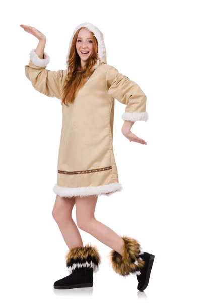 Menina esquimó vestindo roupas de toda a pele isolada no branco — Fotografia de Stock