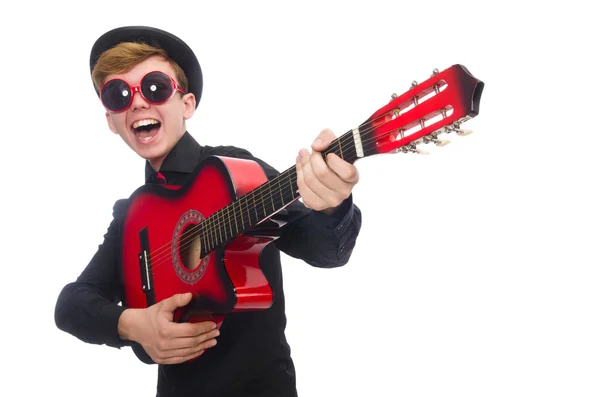 Niño positivo con guitarra aislada en blanco —  Fotos de Stock