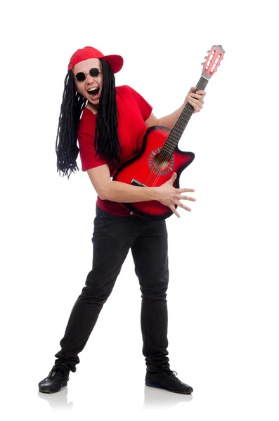 Rapaz positivo com guitarra isolada em branco — Fotografia de Stock