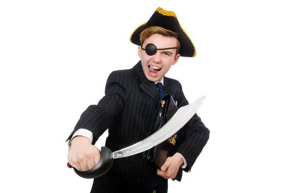 Ung man i kostym med pirat hatt isolerad på vit — Stockfoto