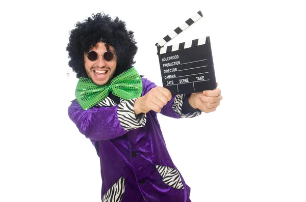 Funny man in wig with clapper board isolated on white — Stock Photo, Image