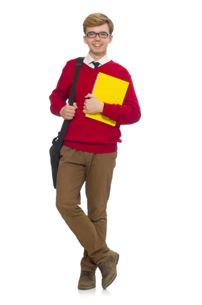 Estudiante con bolsa y papel aislado en blanco — Foto de Stock