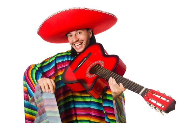 Mexicano em poncho vívido segurando guitarra isolada em branco — Fotografia de Stock