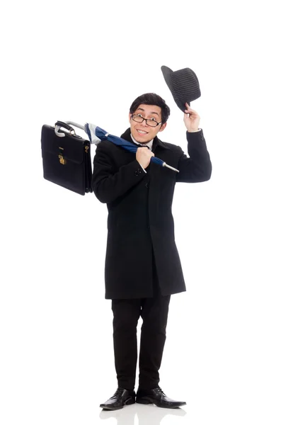 Jeune homme tenant valise et parapluie isolé sur blanc — Photo