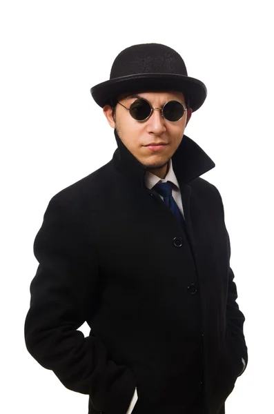 Uomo con cappotto nero isolato su bianco — Foto Stock