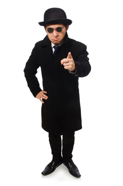 Uomo con cappotto nero isolato su bianco — Foto Stock