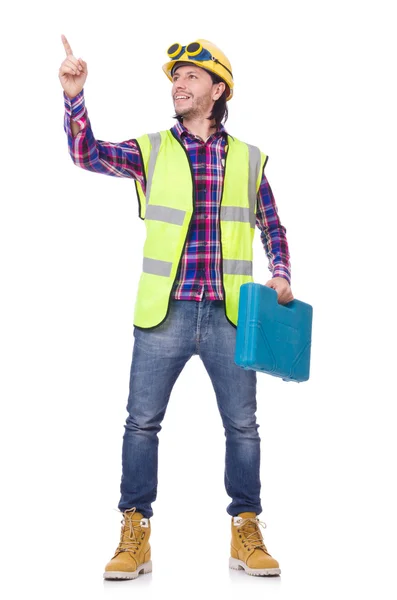 Joven trabajador de la construcción con caja de herramientas aislada en blanco —  Fotos de Stock