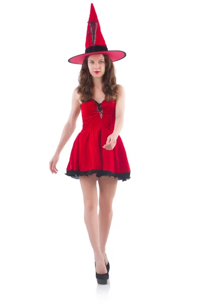 Mladá žena model pózuje v červených mini šaty — Stock fotografie