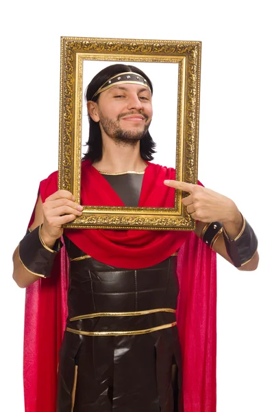 Gladiador sosteniendo marco de imagen aislado en blanco — Foto de Stock