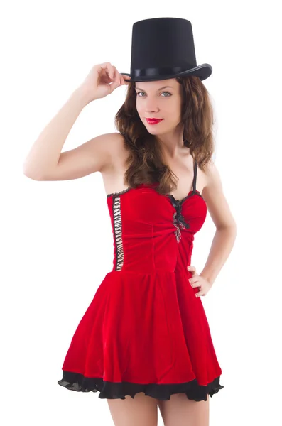 Žena model pózuje v červené mini šaty izolované na bílém — Stock fotografie