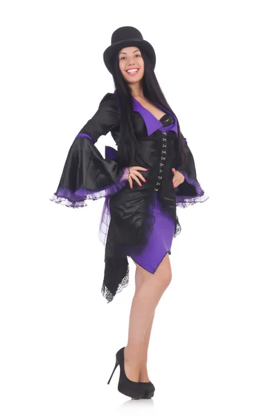 Mulher de vestido preto e violeta isolado em branco — Fotografia de Stock