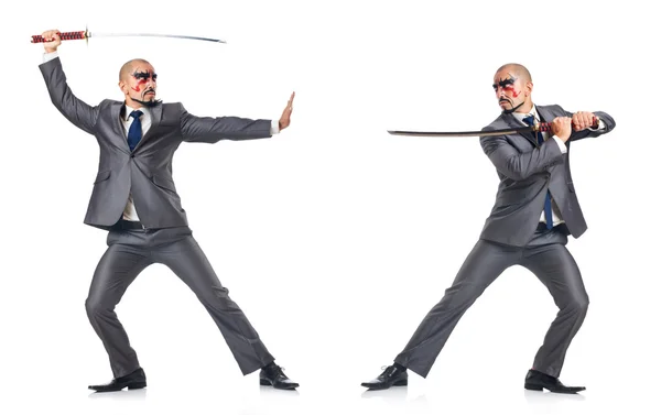 Due uomini che immaginano con la spada isolata sul bianco — Foto Stock