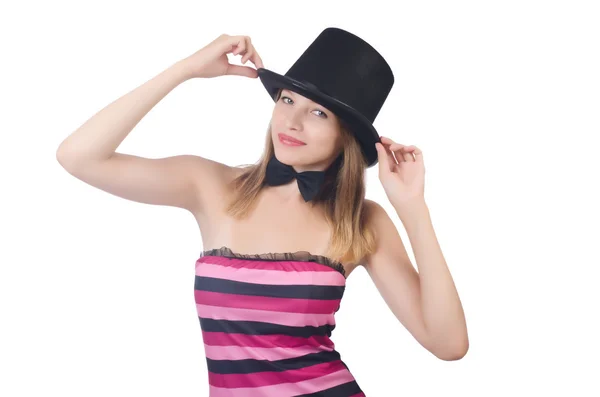 Glamour girl üzerinde beyaz izole şapka — Stok fotoğraf
