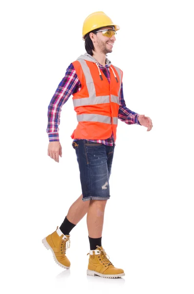 Caminar joven trabajador de la construcción aislado en blanco — Foto de Stock