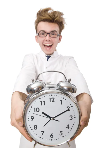 Funny doctor with alarm clock isolated on white — Stock Photo, Image