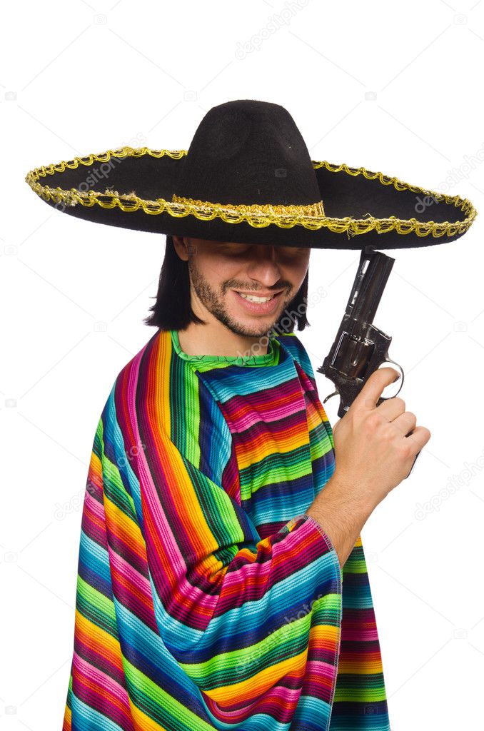 Handsome man in vivid poncho holding gun