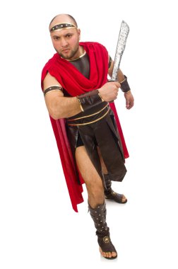 Beyaz izole kılıç tutan gladyatör
