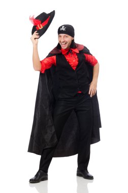 Karnaval paltolu genç adam beyazlar içinde soyutlanmış.