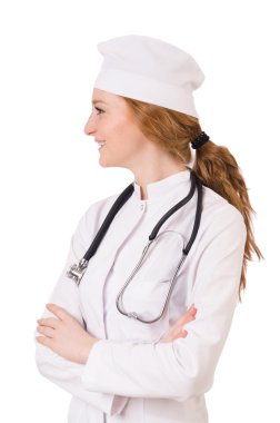 Genç kadın doktor beyazları izole etti.