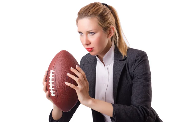 Preety office employee with rugby ball isolated on white — Stock Photo, Image