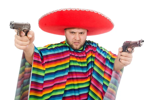 Funny mexican holding pistol isolated on white — Stock Photo, Image