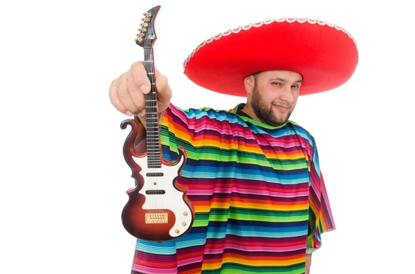 Mexicano engraçado com guitarra isolada em branco — Fotografia de Stock