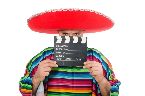 Funny mexican with clapper-board isolated on white — Stock Photo, Image