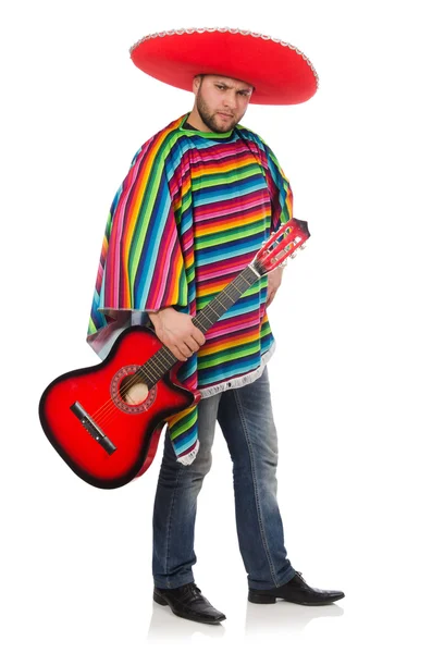Śmieszny meksykański z gitarą na białym — Zdjęcie stockowe