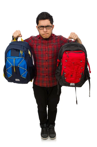 Young man with bags isolated on white — Stock Photo, Image