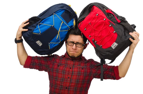 Young man with bags isolated on white — Stock Photo, Image