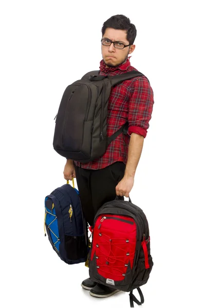 Junger Mann mit Taschen auf weißem Grund — Stockfoto