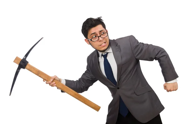 Young businessman holding a tool isolated on white — Stock Photo, Image